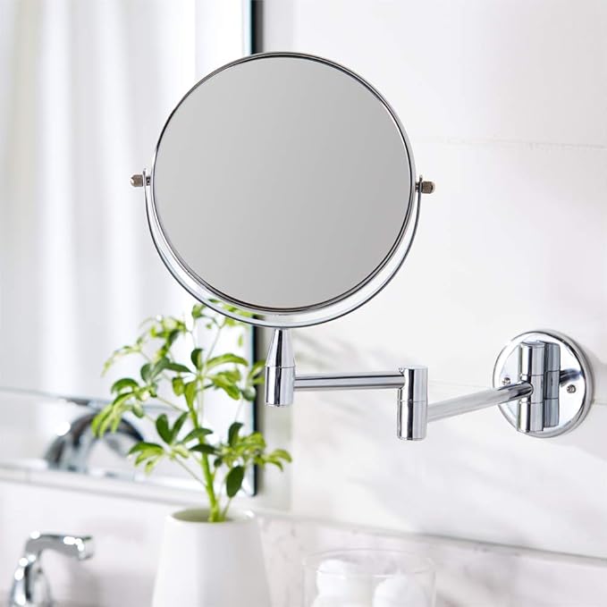 Amazon Basics Wall Mount Round Vanity Mirror with 360° Rotation, Double Sided, 1X/5X Magnification, Adjustable, 12.8"L x 10"W, Chrome