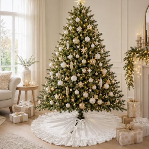 48-Inch White Ruffled Velvet Christmas Tree Skirt with 3 Bow Ties, Large Round Xmas Tree Base Cover for Holiday Home and Party Decor, 122 cm - Image 5