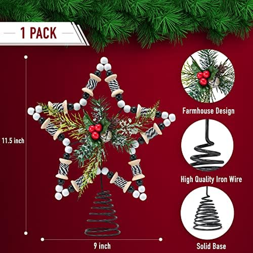Rattan Star Christmas Tree Topper - Wooden Bead Holly Mistletoe Decor 11.5" - Image 6