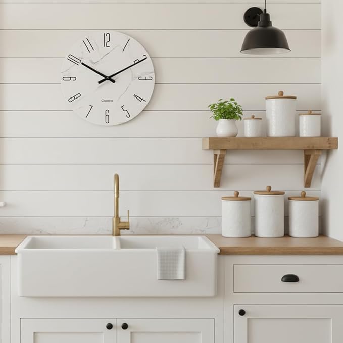 16 Inch Wall Clock White Marble Grain - Battery Operated Silent Modern Farmhouse Decor Quartz Round Analog Clock for Kitchen, Bathroom, Living Room