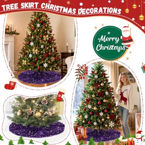 Purple Christmas Tree Skirt Large Sequin Trees Skirt 48 Inch Velvet Tree Skirts Halloween Tree Skirt Collar Merry Christmas Trees Skirt for All Seasons Purple Christmas Decor - Image 6