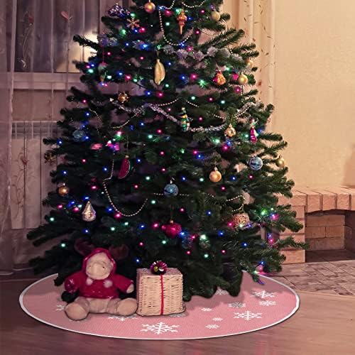 30 Inch Pink Burlap Christmas Tree Skirt with White Snowflakes - Image 6