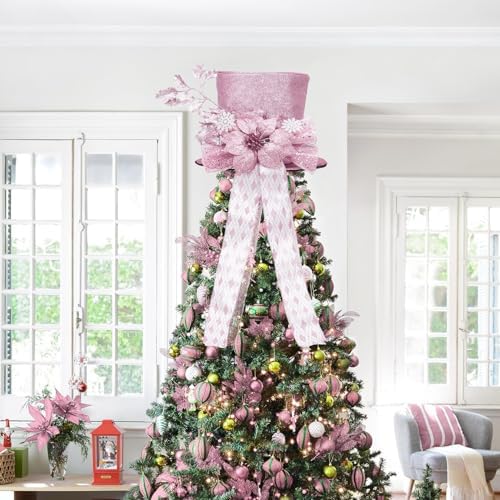 Garvee Pink Christmas Tree Topper Bow, 9.84 in Glitter Christmas Tree Decoration with Bows & Decorative Spruce Branch, Xmas Holiday Decoration for Snowman - Image 7