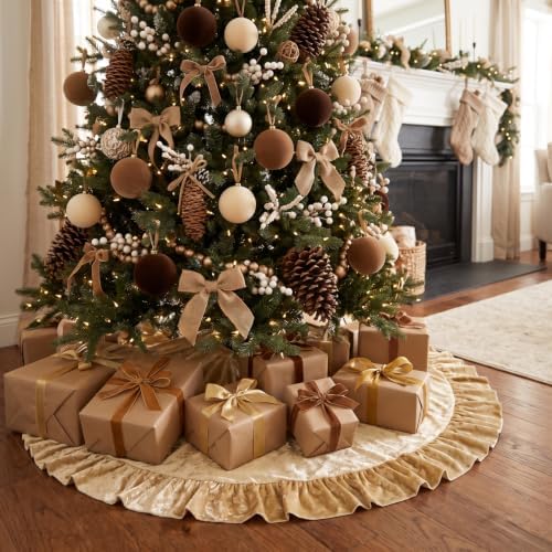 Velvet Christmas Tree Skirt, 60 Inches, Bow Style, Khaki - Image 6