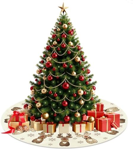Reindeer Snowflakes Christmas Decorations Tree Skirt 48 Inch Cream Brown Polka Dot Love Heart Bow Elk Deer Xmas Trees Skirts for Winter Holiday Home Party Ornament - Image 7