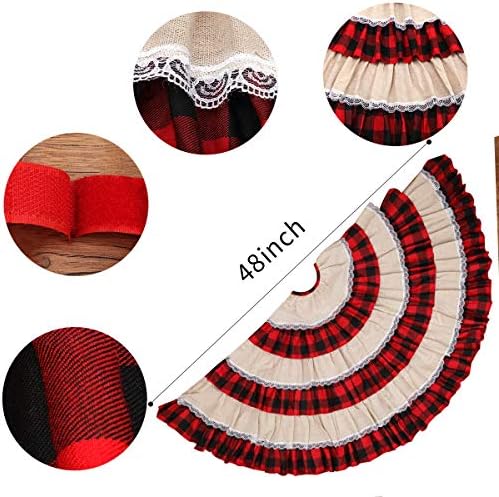 yuboo Burlap Buffalo Plaid Christmas Tree Skirt 48 inches, Red Farmhouse 6-Layer Ruffle Tree Skit with Lace Border for 5-7 FT Trees, Fall Thanksgiving Christmas Decorations - Image 6