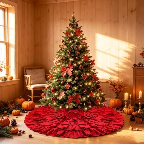 Large Red Ruffle Christmas Tree Skirt, 48'' Rustic Farmhouse Decorations - Image 6