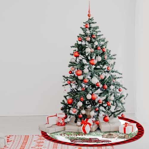 Blosssound Christmas Tree Skirt Buffalo Plaid Retro Red Truck Xmas Tree Skirt for Winter Holiday Farmhouse Christmas Party Decoration(36 Inch,Truck,Red Black) - Image 7