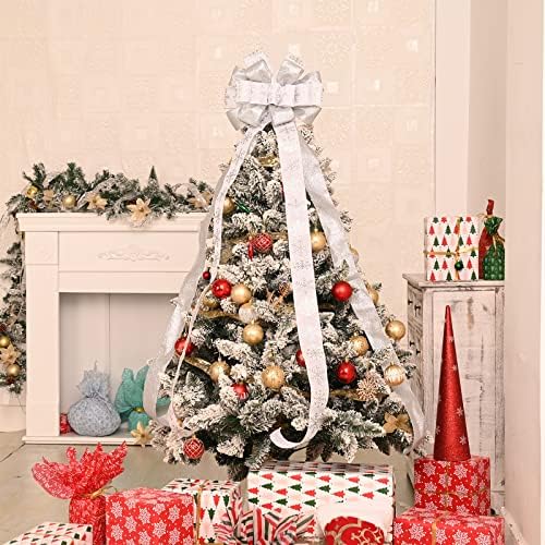 Christmas Tree Topper, 40x13 Inches Toppers Bow with Glitter Satin Mesh Streamer and Patterned Ribbon, Christmas Tree Topper Bow for Christmas Home Decoration (White) - Image 6