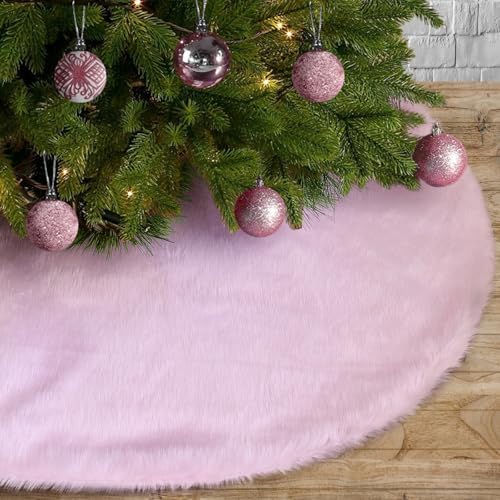 Pink Faux Fur Christmas Tree Skirts, 48 inches Luxury Plush Long Haired Faux Fur Xmas Tree Base Cover Mat for Xmas New Year Home Party Decorations (48 inches, Pink) - Image 6