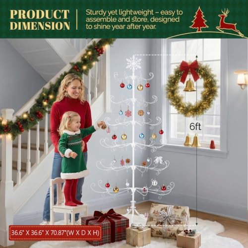 VINGLI 6ft Metal Christmas Ornament Tree Stand, Decorative Iron Display Tree w/ 192 Branches, Snowflake Topper, Ornament Display for Hanging Balls, Wrought Iron Xmas Tree Holiday Decorations, White - Image 7