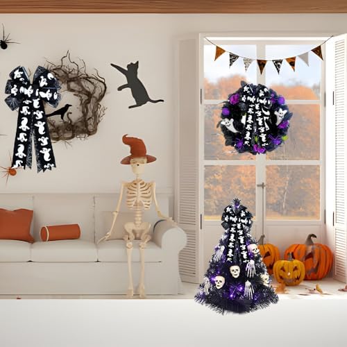 Large Halloween Tree Topper Bow, Black White Ghost Wreath Bow - Image 5