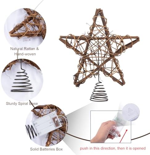 Christmas Tree Topper Farmhouse Christmas Decor Christmas Tree Decorations Rattan Natural Christmas Tree Star with 10 Warm LED Lights for Rustic Christmas Ornaments Holiday Seasonal Decoration 10 Inch - Image 7