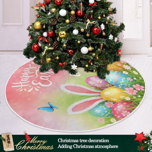 SUABO Easter Eggs Grass Butterflies Tree Skirt 48 Inch,Bunny Ears Xmas Tree Floor Door Mat for Party Decoration Holiday Decor Home Indoor Outdoor - Image 6