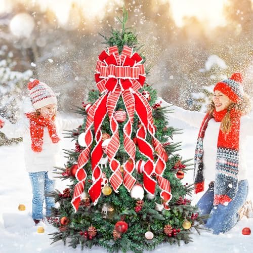 Christmas Tree Topper Wreath Bow Large Red Christmas Bow Tree Topper, Burlap with White Polyester Edge Gift Bows for Xmas Ornament Holiday Home Thanksgiving Indoor/Outdoor Decor 45x13 Inches - Image 7