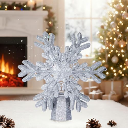 Christmas Tree Topper Lighted with LED Rotating Silver Snowflake Projector, 3D Hollow Glitter Lighted Snow Tree Topper for Xmas New Year Party Holiday Christmas Decorations - Image 7