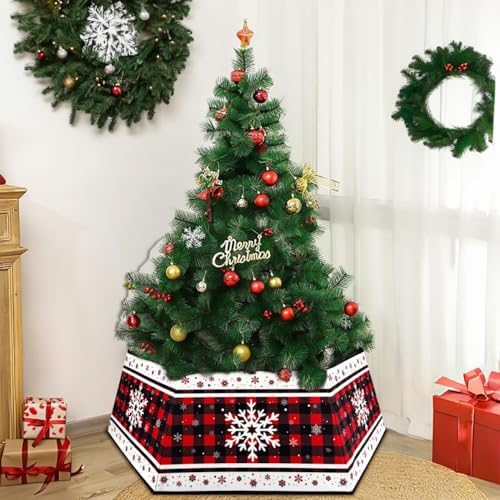 Christmas Tree Collar, Red Christmas Tree Collar, Buffalo Plaid Christmas Trees Skirt, Square Christmas Trees Ring, Foldable Hexagon Xmas Tree Skirt, Snowflake Decor for Holiday Party Home, 31 inch - Image 7