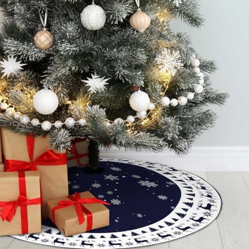 Christmas Tree Skirt 36inch Elk Snowflakes Navy Blue Xmas Decor - Image 7