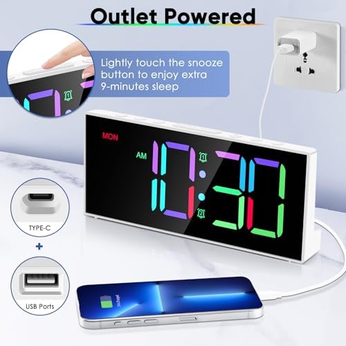 Alarm Clock with Large Display Big Numbers,5 Levels Brightness???Snooze,USB Charging Port,LED and Mirror Desk Clock,Dual Alarms Modern Electronic Clock for Bedroom Home Living Room Office. (White) - Image 6