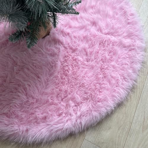 60 Inch Christmas Tree Skirt - Fluffy Faux Fur Pink Tree Skirt, Pink Plush Xmas Holiday Decor for Parties, Small Round Tree Skirt - Image 5