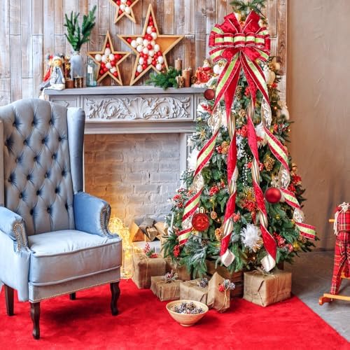 Christmas Tree Topper Wreath Bow Large Green Christmas Bow Tree Topper 52"x13" Red and Green Ice Flower Velvet Gift Bows for Xmas Holiday Home Wedding Thanksgiving Indoor/Outdoor Decoration - Image 6