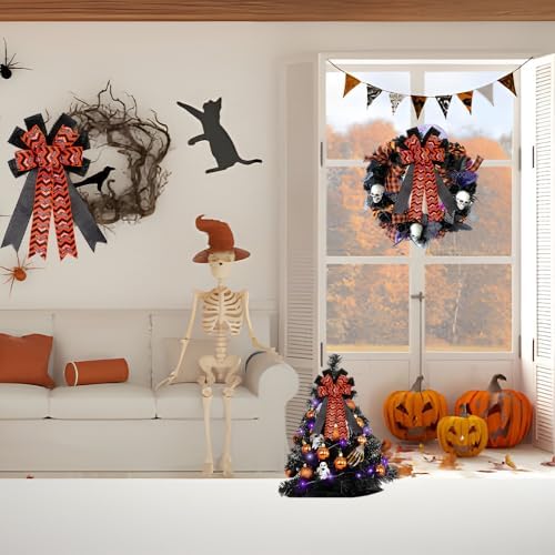 Large Halloween Tree Topper Bow, Orange Black Chevron Wreath Bow - Image 5