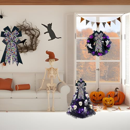 Large Halloween Tree Topper Bow, Black Stripe Glitter Dot Wreath Bow - Image 5