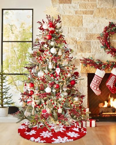 Snowflakes Christmas Tree Skirts 48 inch Large Red Tree Skirt Xmas Tree Skirt Xmas Trees Round Mat for New Year Holiday Party Christmas Luxury Tree Ornaments - Image 6