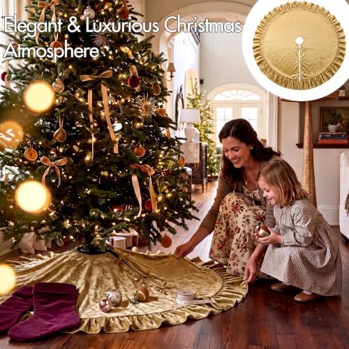 Velvet Christmas Tree Skirt, 60 Inches, Bow Style, Gold - Image 6