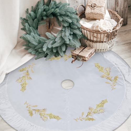 48 Inches Christmas White Velvet Tree Skirt Decorations White Luxury Fur Plush Skirts with Gold Embroidered Holly for Xmas Wedding Rustic Vintage Party Holiday Home - Image 6