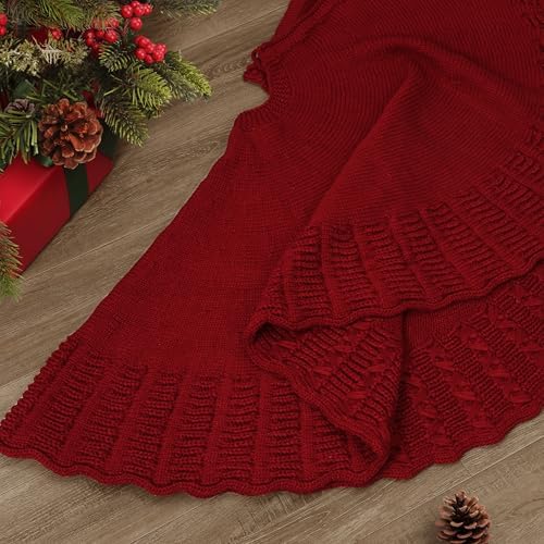 NIBESSER Red Knit Christmas Tree Skirt 48" for Christmas Decorations - Yarn Thick Rustic Cable Knit Tree Skirt Mat for Home Party Holiday Ornaments - Image 7