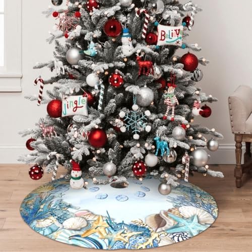 Shell Coastal Beach Starfish Sea Seahorses Christmas Tree Skirt - Plush Polyester Mat Resistant with 3 Red Ties for Xmas, Halloween Decorations, Party Decor 48" - Image 5