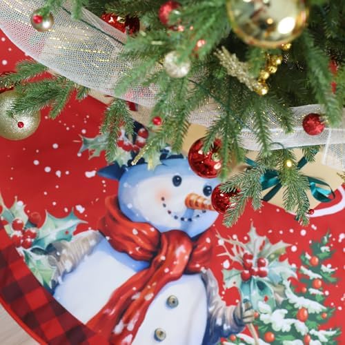 Christmas Tree Skirt 48 Inch Red Rustic Snowman Xmas Tree Skirts Mat with Snowflake Design for Merry Christmas Xmas Holiday Party Decorations Indoor Outdoor Home Decor - Image 6