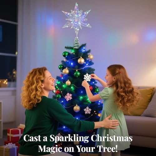 Lewondr Christmas Star Tree Topper, 14.6" Lighted Glitter 3D Star Treetop - Image 6