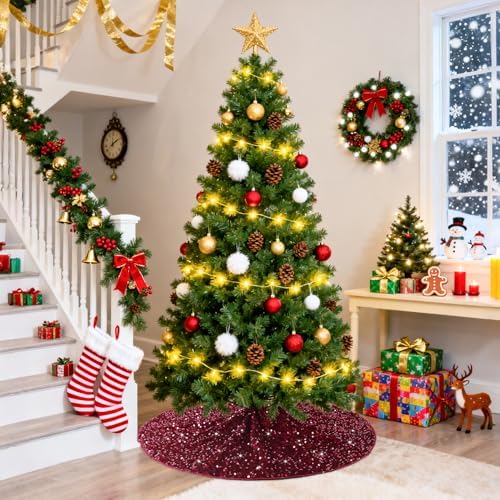 Christmas Tree Skirt Burgundy Velvet Tree Skirt Small Sequined Tree Skirts 21 Inch Mini Sequin Glitter Tree Cover Mats Metallic Tree Ornaments for Silm Tree Maroon Skirt Tree Burgundy Christmas Decor - Image 6