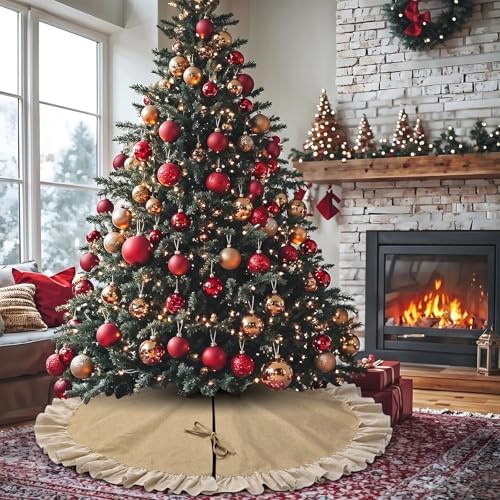 Burlap Fall Christmas Tree Skirt with Ruffle, 48'' Large Tree Decorations - Image 6