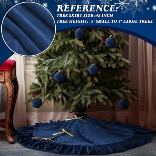 Velvet Christmas Tree Skirt, 48 Inches, Bow Style, Blue - Image 6