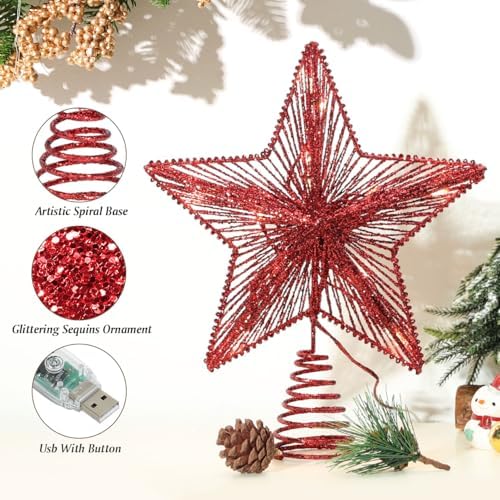 Lewondr Lighted Christmas Star Tree Topper with Remote & Timer, Red - Image 6