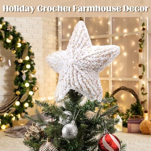 Syhood 10 Inch Crochet Star Christmas Tree Topper Boho Christmas Ornament Glitter Star Farmhouse Holiday Xmas Decor for Xmas Trees Ornament Party Decoration - Image 6