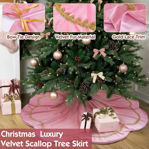 Arrowbash Christmas Tree Skirt 48 Inch Pink Velvet Fur Scallop Tree Skirt Sparking Gold Lace Trim for Party Rustic Xmas Holiday Decorations All Year - Image 6