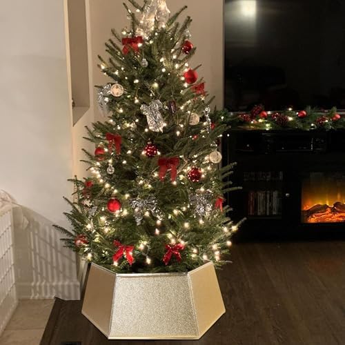 Blissun Fabric Christmas Tree Collar, Hexagonal Christmas Tree Ring, Glittering Willow Christmas Tree Skirt for Tree Decorations (Glitter Gold) - Image 6