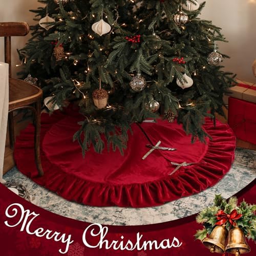 Velvet Christmas Tree Skirt, 48 Inches, Bow Style, Red - Image 6