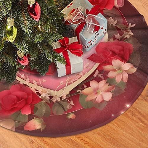 Christmas Tree Skirt, Beautiful Flowers Love Hearts Valentine's Day Xmas Large Tree Mat, New Year Festive Holiday Party Decorations 30" inches - Image 7