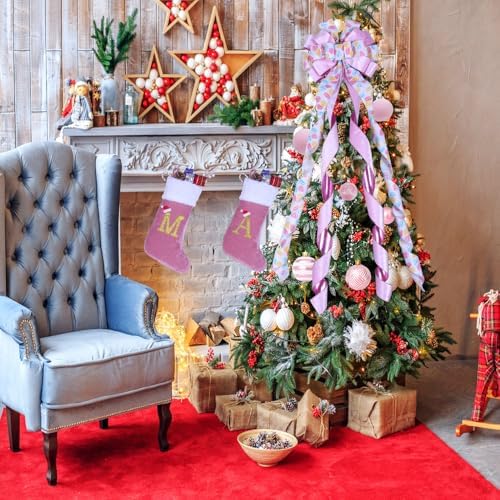 Christmas Tree Topper Wreath Bow Large Pink Christmas Bow Tree Topper 52"x13" Pink Hamburger Pattern Velvet Ribbon Gift Bows for Xmas Holiday Home Wedding Thanksgiving Indoor/Outdoor Decoration - Image 7