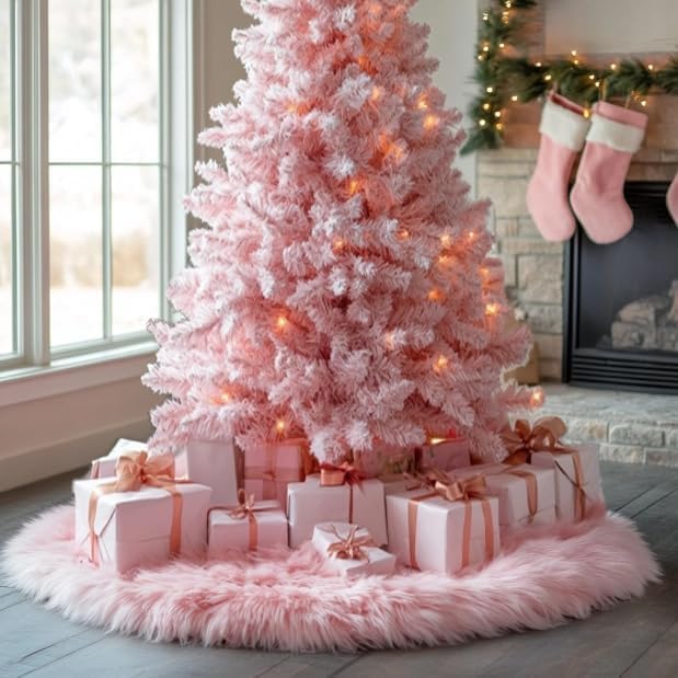 AOGU 72 Inch Faux Fur Christmas Tree Skirt Pink Plush Skirt for Merry Christmas Party Christmas Tree Decoration - Image 7