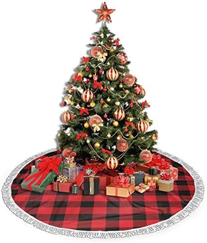 Christmas Tree Skirt 48" Inch Red and Black Plaid Xmas Tree Skirt Mat with White Tassel for Party Holiday, Tree Skirt Christmas Decorations - Image 4