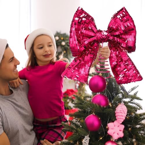 Demissle 10 x 12 Inch Sequin Hot Pink Bow Tree Topper Hot Pink Bow Glitter Christmas Tree Topper Christmas Holiday Decoration for Coquette Themed Xmas Home Decor - Image 6