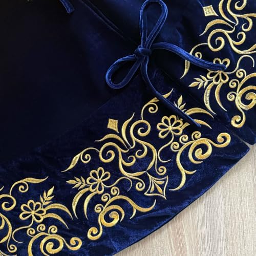 72-Inch Victorian Velvet Christmas Tree Skirt with Gold Damask Embroidery and Plush Lace Ties, Royal Blue - Image 6
