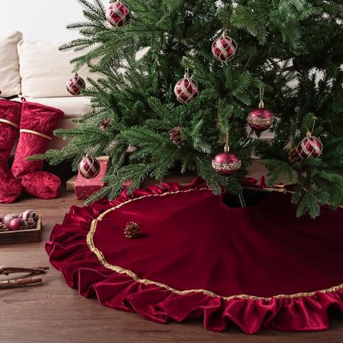 Bunny Chorus Christmas Tree Skirt: 48 Inch Large Luxury Wine Red Velvet Plush Fur Ruffled Christmas Tree Skirts with Gold Trim and Bow, Vintage Royal Decorations for Xmas Home Indoor Decor - Image 7