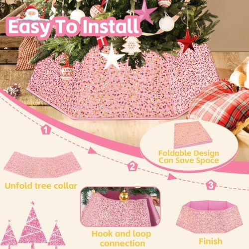 Pink Gold Tree Collar 31.49 Inch Sequin Foldable Christmas Tree Ring Velvet Tree Skirt Cover for 9ft Pencil Tree Holiday Xmas Decor - Image 6